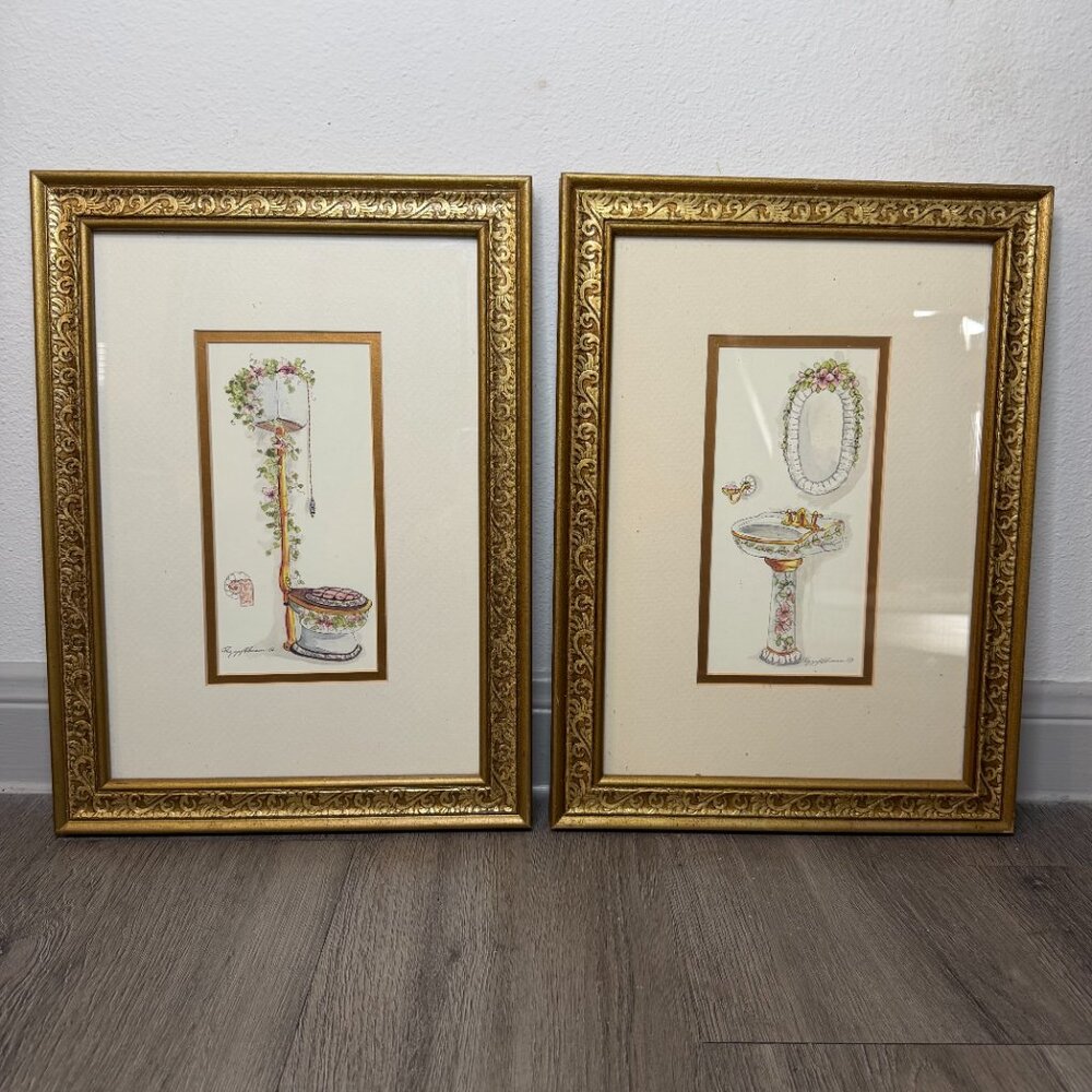 Vintage Peggy Abrams Bathroom Prints Gold Frames 11.5x13.5
